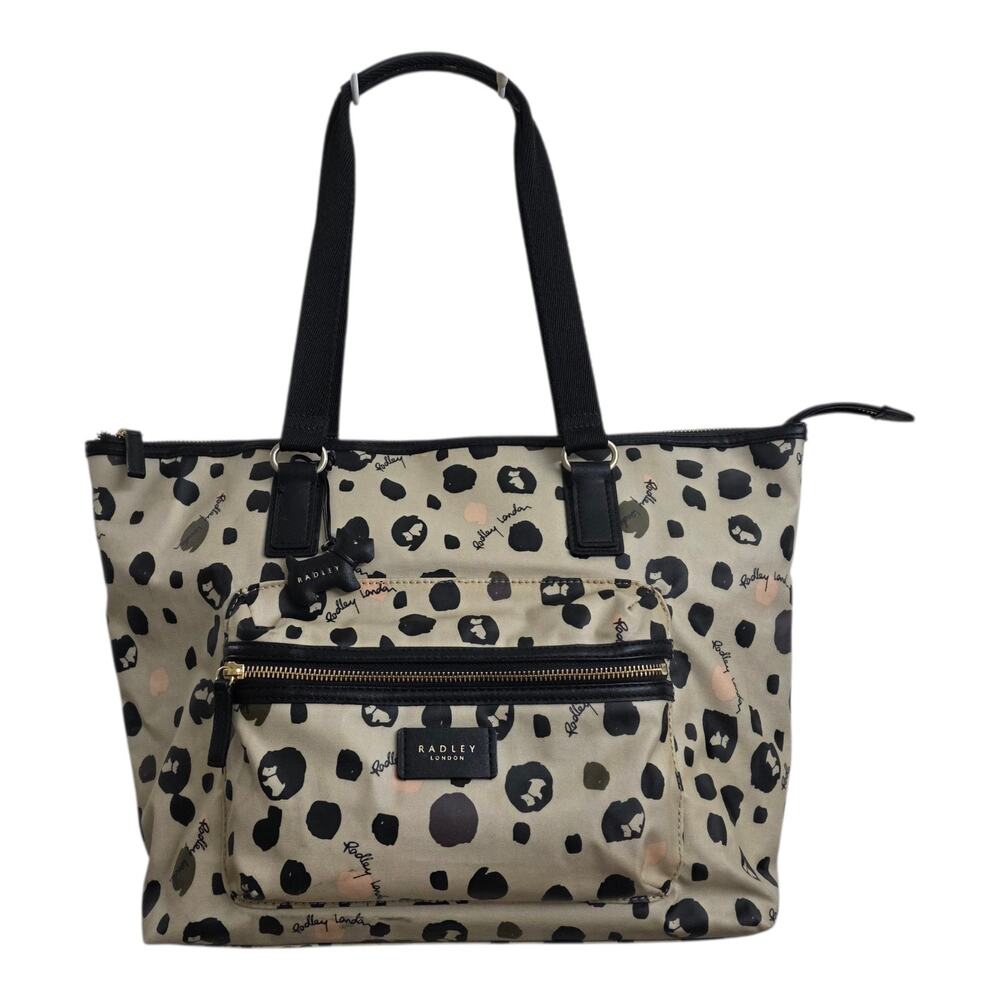 Radley London Spot Print Tote Bag Beige Black Nylon Zip Top Shoulder Purse Clean